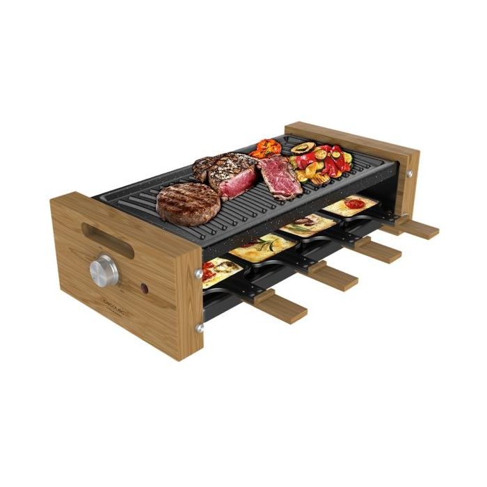 Cecotec Cheese and Grill 8200 Wood Black Raclette - 1200W - 8 Sartenes Antiadherentes - Placa Antiadherente de Acero - Superficie de Grill - Termostato Regulable - Extraible - Color Madera Claro