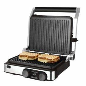 Cecotec Rock'nGrill Dual Parrilla Electrica - 2000W - Antiadherente - Apertura 180º - Placas Desmontables - Pantalla LED - Bandeja Recogegrasas - Acero Inoxidable