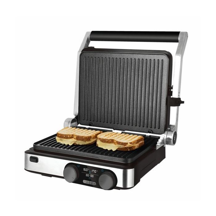 Cecotec Rock'nGrill Dual Parrilla Electrica - 2000W - Antiadherente - Apertura 180º - Placas Desmontables - Pantalla LED - Bandeja Recogegrasas - Acero Inoxidable