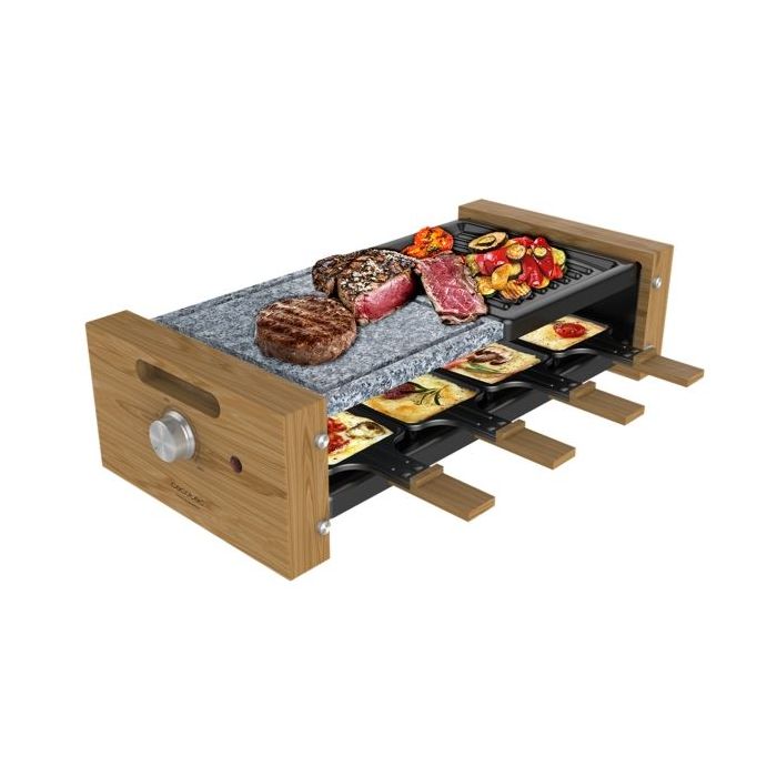Cecotec Cheese and Grill 8400 Wood MixGrill Raclette - 1200W - 8 Sartenes Antiadherentes - Grill y Plancha - Termostato - Placas Antiadherentes de Acero y Piedra Extraibles - Color Madera Claro