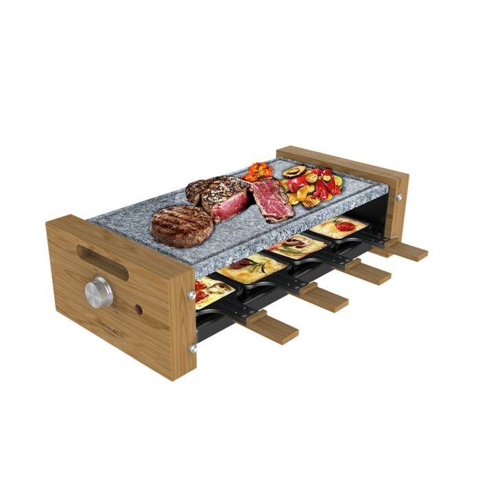 Cecotec Cheese and Grill 8600 Wood AllStone Raclette - Potencia de 1200W - 8 Sartenes Antiadherentes - Placa Piedra Natural - Termostato Regulable - Extraible - Facil Limpieza - Color Madera Claro