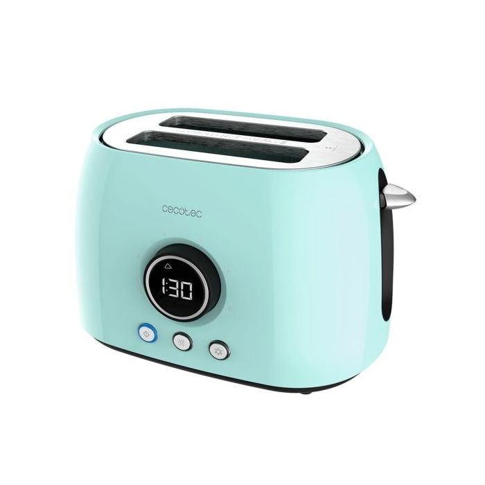 Cecotec ClassicToast 8000 Tostadora de Doble Ranura - 800W - Pantalla Digital - Ranura Ancha - 3 Funciones - Calienta Panecillos - 6 Niveles - Extra Elevacion - Autocentrado - Color Azul Claro