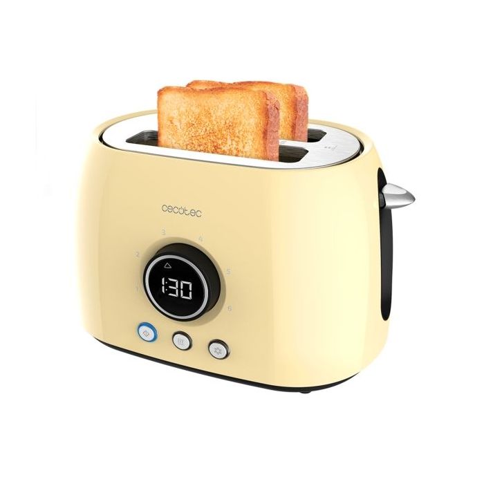 Cecotec ClassicToast 8000 Tostadora de Doble Ranura - 800W - Pantalla Digital - Ranura Ancha - 3 Funciones - Calienta Panecillos - 6 Niveles - Extra Elevacion - Autocentrado - Color Amarillo Pastel