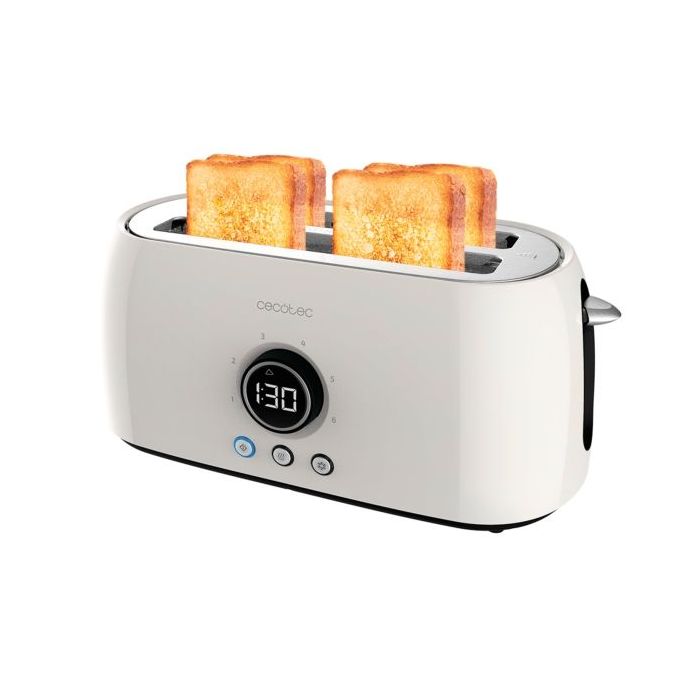 Cecotec ClassicToast 15000 Tostadora de Doble Ranura Larga - 1500W - Pantalla Digital - Ranura Ancha - 3 Funciones - 6 Niveles - Extra Elevacion - Autocentrado - Bandeja Recogemigas - Color Blanco
