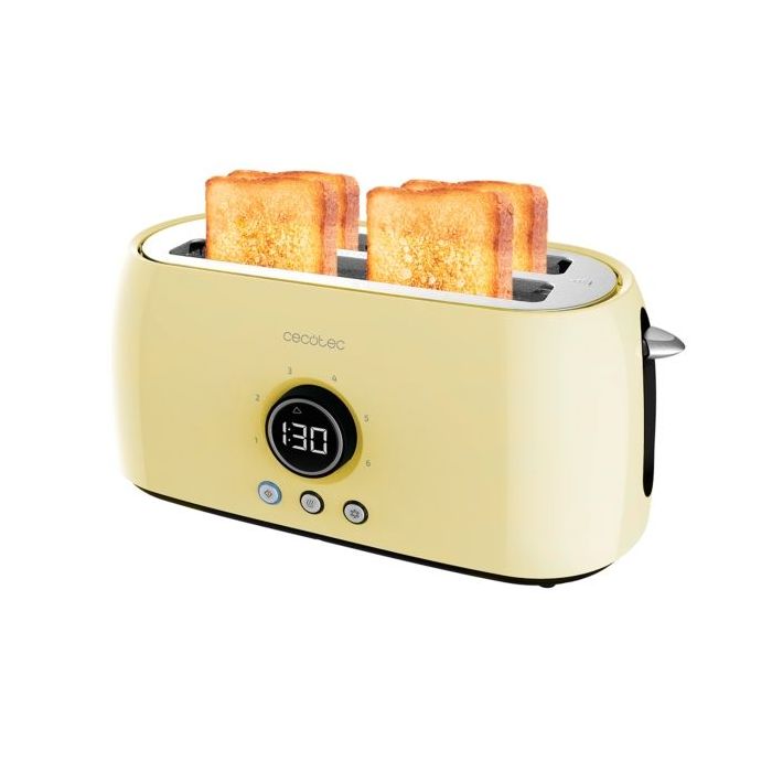 Cecotec ClassicToast 15000 Tostadora de Doble Ranura Larga - 1500W - Capacidad para 4 Rebanadas - Ranura Ancha - 3 Funciones - Extra Elevacion - Autocentrado - Bandeja Recogemigas - Color Amarillo Pastel