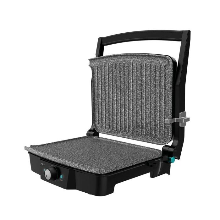 Cecotec Rock’nGrill 2000 Stone Ceramic MixandGrill Parrilla Electrica - 2000W - Antiadherente - Grill y Plancha - Apertura 180º - Bandejas Recogegrasas - Libre de PTFE y PFOA - Color Negro