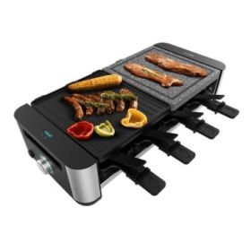 Cecotec Cheese and Grill 16000 Inox MixGrill Raclette - 1400W - Superficie Reversible de 20x22cm - Termostato - 8 Sartenes Antiadherentes - Espatulas de Madera - Apto Lavavajillas - Color Negro
