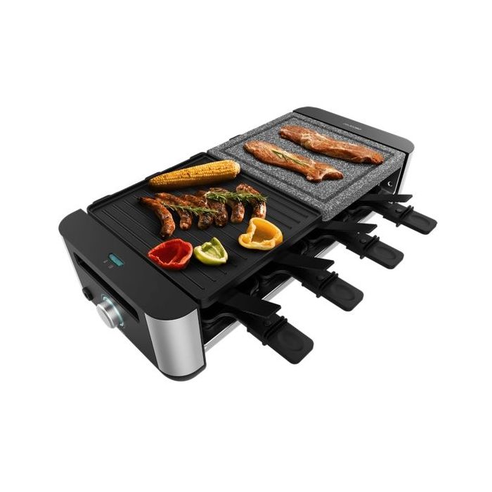 Cecotec Cheese and Grill 16000 Inox MixGrill Raclette - 1400W - Superficie Reversible de 20x22cm - Termostato - 8 Sartenes Antiadherentes - Espatulas de Madera - Apto Lavavajillas - Color Negro