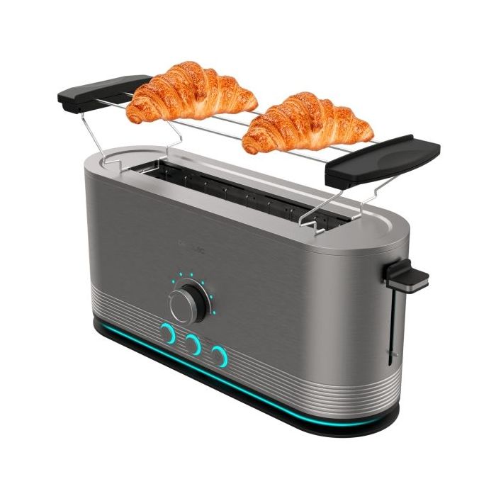 Cecotec ShineandToast Extra Tostadora de Ranura Larga - Potencia de 1050W - Aviso Luminoso - Ranura Ancha hasta 3.8cm - Acabado en Acero Inoxidable - Calienta Panecillos - 7 Niveles de Tostado