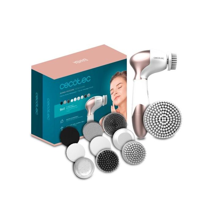 Cecotec Bamba FaceCare TotalClean Cepillo Inalambrico 9 en 1 - Cuidado Facial - Giro 360º - Ergonomico - Limas y Esponjas Surtidas - Bolsa de Viaje - Mango Antideslizante - Cerdas Suaves - Color Blanco