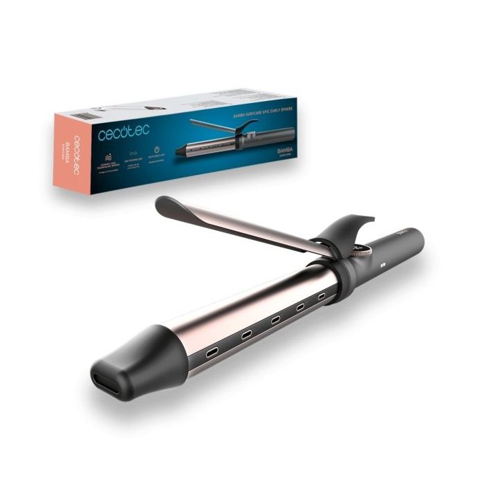 Cecotec Bamba SurfCare Epic Curly Sphere Rizador de 32mm - Cilindro Ceramica y Turmalina - Iones Negativos - Pantalla LED de Temperatura - Rango de 120 a 210°C - Cable 360º - Punta Fria - Color Gris