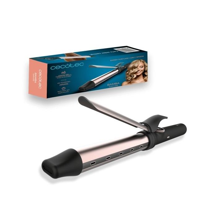 Cecotec Bamba SurfCare Curly Sphere Rizador de 28mm - Iones Negativos - Rizos Amplios y Naturales - Pantalla LED de Temperatura - Rango de 120 a 210°C - Cable 360º - Autoapagado - Color Negro y Rosa