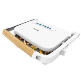 Cecotec Rock'nGrill 1300 WoodW Parrilla Electrica - Potencia de 1300W - Revestimiento Antiadherente - Base Antideslizante - Placa Ajustable - Indicador Luminoso - Asa de Madera - Color Blanco