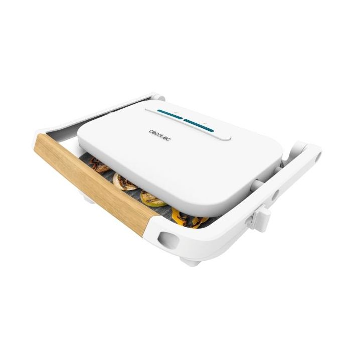 Cecotec Rock'nGrill 1300 WoodW Parrilla Electrica - Potencia de 1300W - Revestimiento Antiadherente - Base Antideslizante - Placa Ajustable - Indicador Luminoso - Asa de Madera - Color Blanco