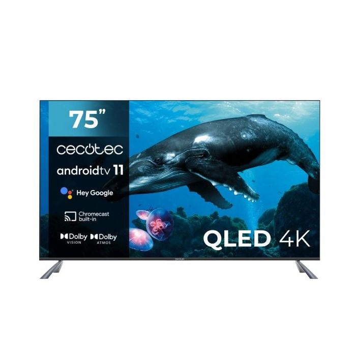 Cecotec V2 series VQU20075S Televisor Smart TV sin Marco de 75" QLED con Resolucion 4K UHD - Sistema Dolby - Procesador 4 Nucleos - Android TV 11 - HDMI 2.1 48Gbps - Chromecast Integrado - Color Negro