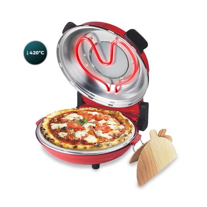 Cecotec Fun Pizza and Co Mamma Mia Vista Horno Electrico para Pizzas - 1200W - Temperatura hasta 420°C - Indicador Luminoso - Ventana de Visualizacion - Asa de Tacto Frio - Temporizador - Color Rojo