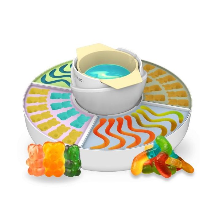 Cecotec Fun and Sugar Gummy Maquina para Hacer Golosinas - Potencia de 40W - Fondue de Chocolate - Incluye 4 Moldes de Silicona - Bandejas Desmontables - Facil de Limpiar - Color Blanco