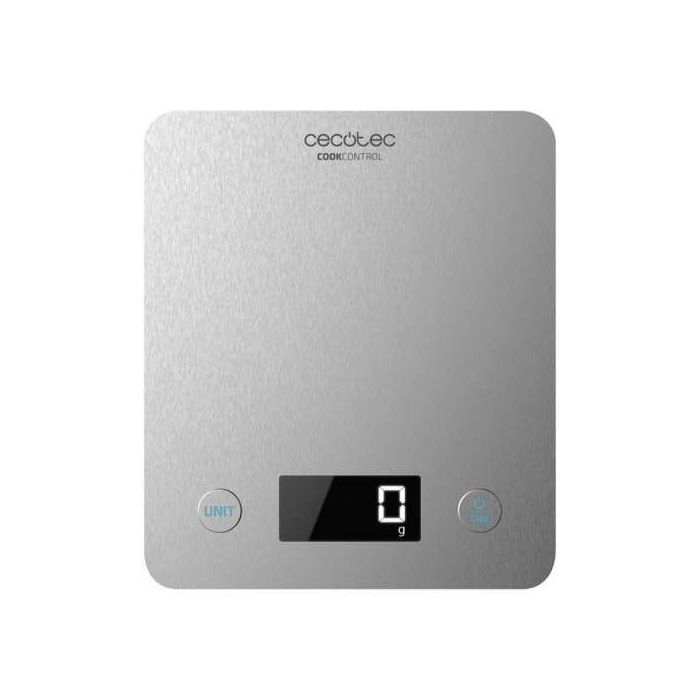 Cecotec Cook Control 10000 Connected Bascula de Cocina - Acabado en Acero Inox - Precision de 1gr - Peso Max. 5kg - Pantalla LCD - Diseño Extraplano - Recubrimiento Antihuellas