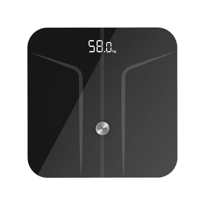 Cecotec Surface Precision 9750 Smart Healthy Bascula Corporal hasta 180kg - Bluetooth 4.0 - Patas Antideslizantes - Funcion Bebe - Vidrio Templado - 4 Sensores - Cinta Metrica - 300x300mm - Color Negro