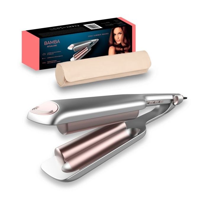 Cecotec Bamba RitualCare 2000 Summer Waves Plancha de Pelo para Ondas - Temperatura Regulable - Funcion Ionizadora - Punta Fria - Cable 360º de 1.8m - Bolsa de Viaje - Autoapagado - Color Plata