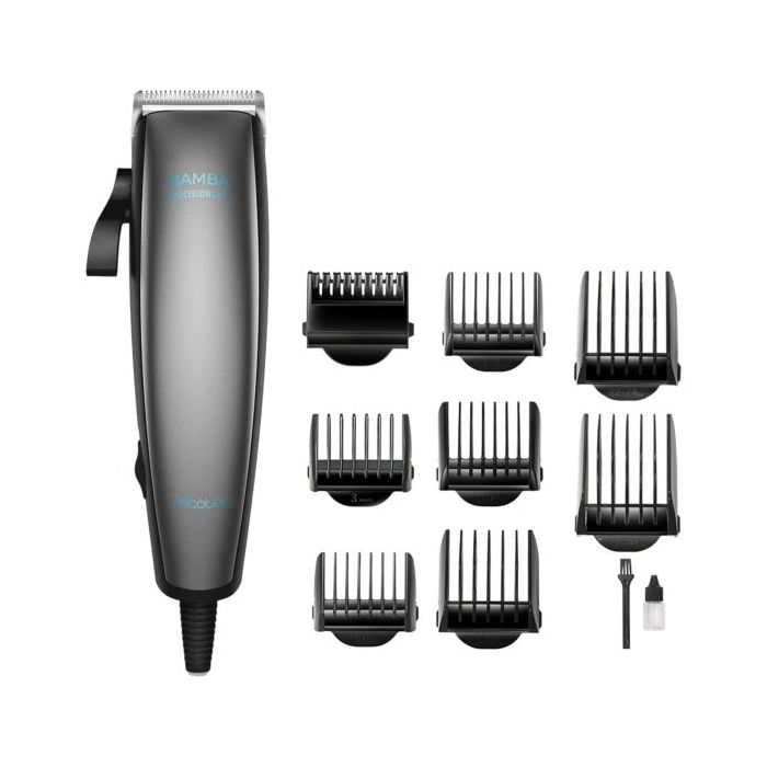 Cecotec Bamba PrecisionCare Power Blade Titanium Cortapelos con Cable - Cuchillas de Titanio - Uso en Seco y Humedo - 9 Peines Guia - Palanca de Ajuste Regulable - Lubricante - Color Gris