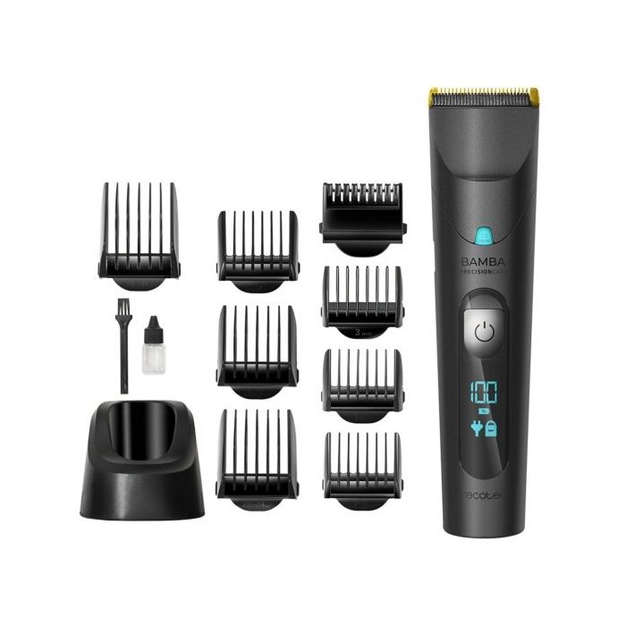 Cecotec Bamba Precisioncare Wet and Dry Cortapelos Inalambrico - Cuchillas de Titanio - 120min de Autonomia - IPX6 Resistente al Agua - 8 Peines Guia - Pantalla LED - Bloqueo de Seguridad - Color Negro