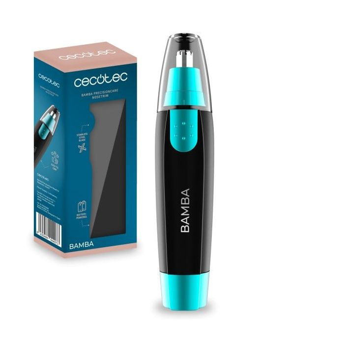 Cecotec Bamba PrecisionCare NoseTrim Cortapelos Inalambrico - Cuchilla de Acero Inoxidable - Ergonomico - Tapa Protectora Incluida - Portatil y Facil de Usar - Funciona con Pilas - Color Negro y Azul