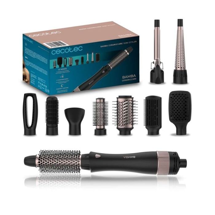 Cecotec Bamba CeramicCare 10in1 Styler Cepillo Alisador 10 en 1 - Potencia 1500W - Revestimiento Ceramico - Funcion Aire Frio - Cable Giratorio 360° - Cabezales Surtidos - Color Negro
