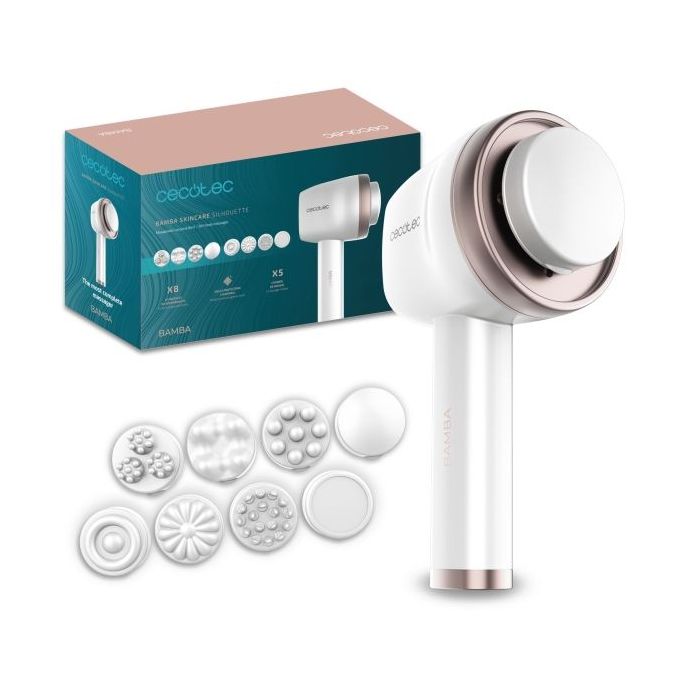 Cecotec Bamba SkinCare Push Up Masajeador Corporal Anticelulitico - 8 Cabezales Intercambiables - Malla Protectora - 5 Modos - Autonomia 1.5h - Autoapagado - Ergonomico - Color Blanco