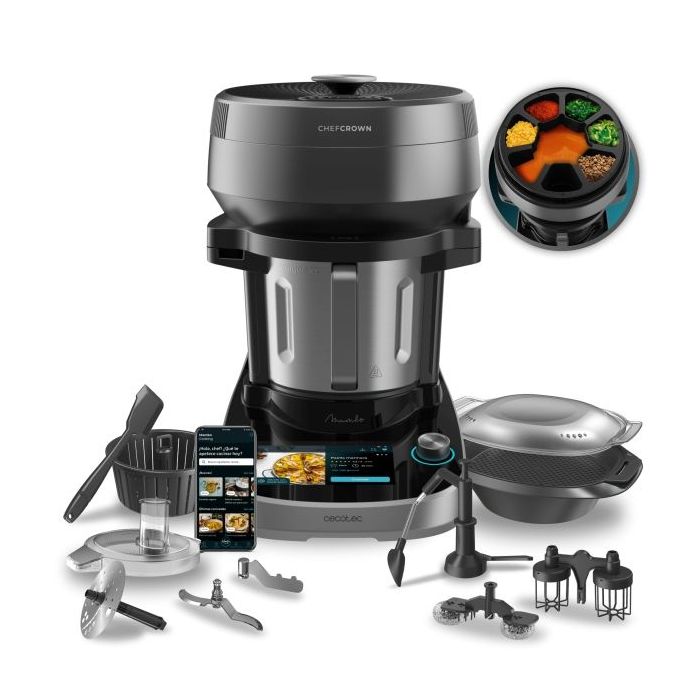 Cecotec Mambo CooKing Unique Robot de Cocina con Dispensador de Alimentos - 2200W - Multifuncion - Funciones y Recetas Guiadas - Jarra Unique de 4.5L - Pantalla Tactil de 7' - Color Negro