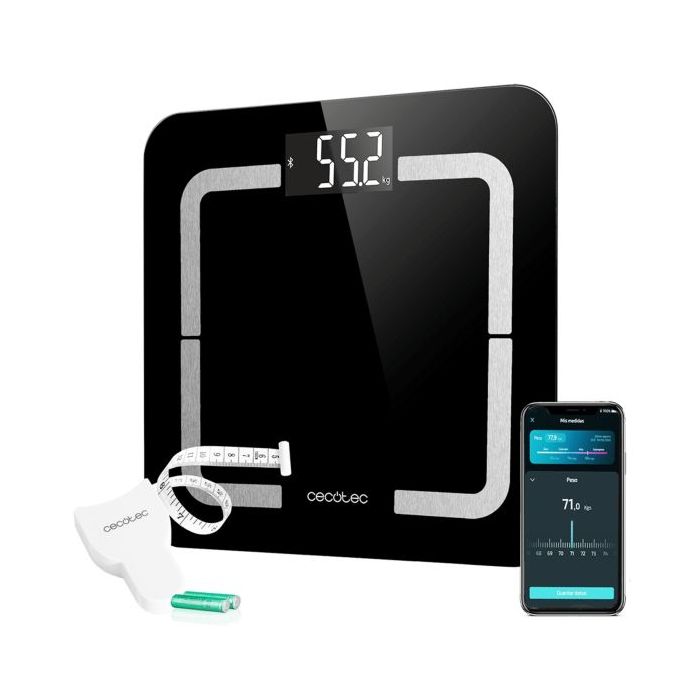 Cecotec Surface Precision Smart Healthy Bascula Corporal hasta 180kg - 4 Sensores - 10 Parametros - Bluetooth - Cristal Templado - Funcion Bebe - LCD - Patas Antideslizantes - 310x310mm - Color Negro