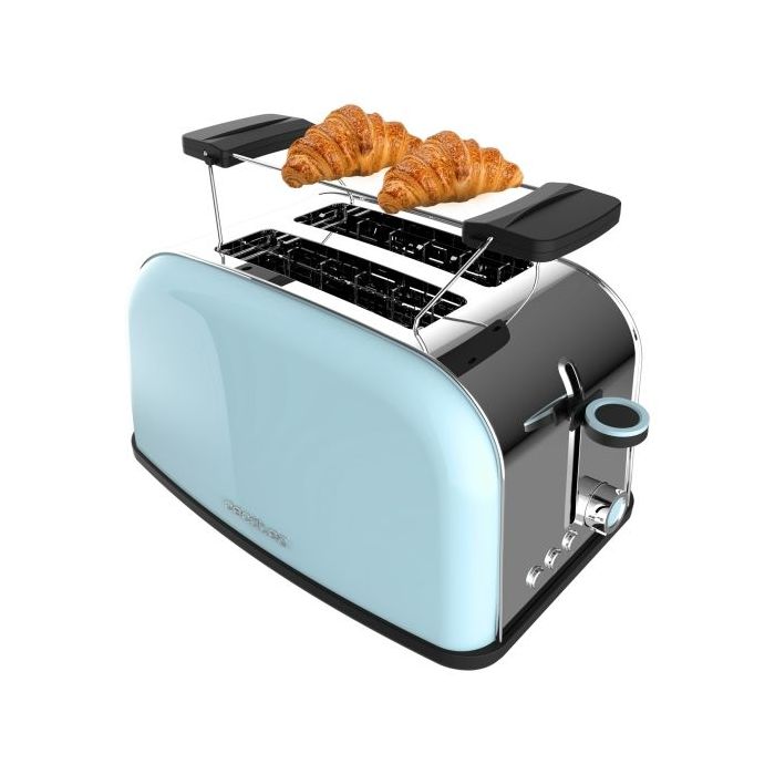 Cecotec Toastin' Time 850 Tostadora de Doble Ranura - 850W - Ranura Ancha - Acero Inoxidable - Autocentrado - Bandeja Recogemigas Extraible - Color Azul Claro