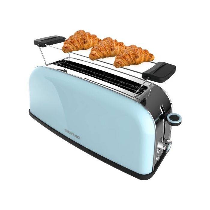 Cecotec Toastin' Time 850 Tostadora de Ranura Larga - 850W - Ranura Ancha - Calienta Panecillos - Autocentrado - Bandeja Recogemigas - 7 Niveles de Tostado - Color Azul Claro
