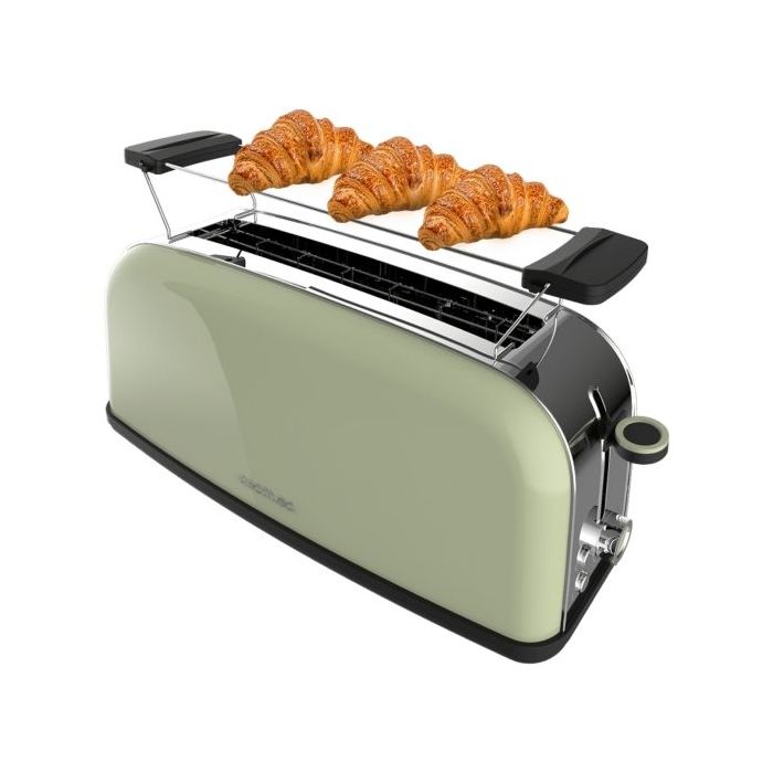 Cecotec Toastin' Time 850 Tostadora de Ranura Larga - 850W - Ranura Ancha hasta 3.8cm - Acabado en Acero Inoxidable - Calienta Panecillos - Apagado Automatico - 7 Niveles de Tostado - Color Menta