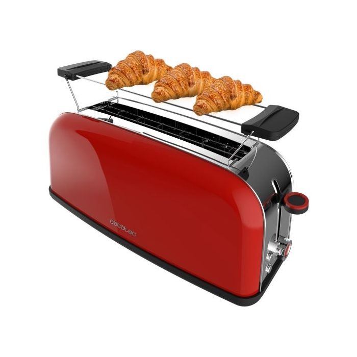 Cecotec Toastin' Time 850 Tostadora de Ranura Larga - 850W - Ranura Ancha - Calienta Panecillos - Autocentrado - Bandeja Recogemigas - 7 Niveles de Tostado - Color Rojo