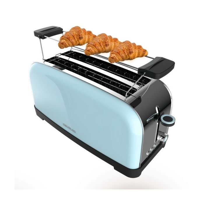 Cecotec Toastin' Time 1500 Tostadora de Doble Ranura Larga - 1500W - Capacidad para 4 Rebanadas - Ranura Ancha - Bandeja Recogemigas - 7 Niveles - Acabado en Acero Inoxidable - Color Azul Claro