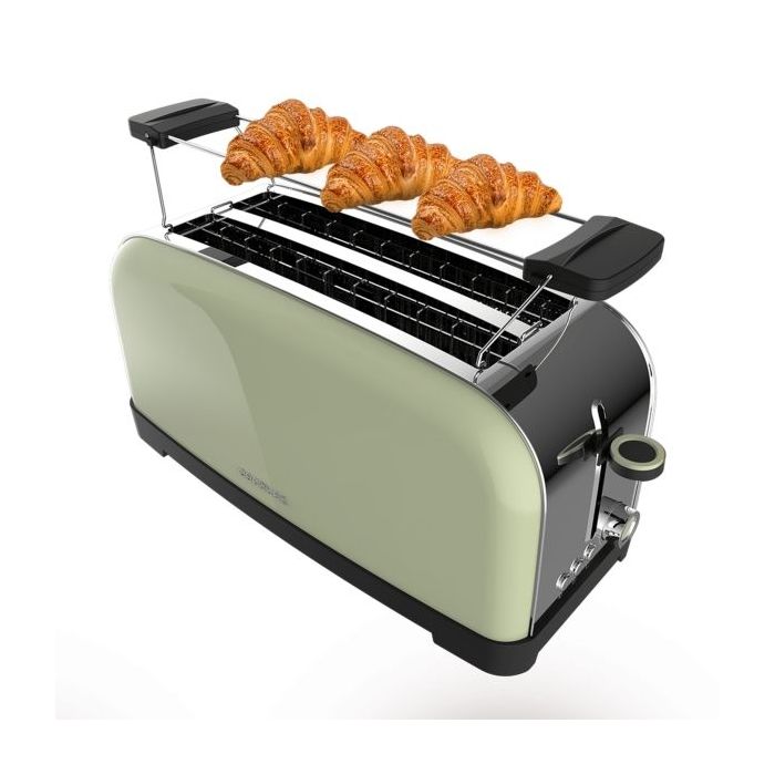 Cecotec Toastin' Time 1500 Tostadora de Doble Ranura Larga - 1500W - Ranura Ancha - Acero Inoxidable - Calienta Panecillos - Apagado y Pop-Up Automatico - 7 Niveles de Tostado - Color Menta