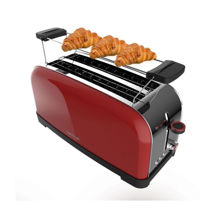 Cecotec Toastin' Time 1500 Tostadora de Doble Ranura Larga - 1500W - Capacidad para 4 Rebanadas - Ranura Ancha - Bandeja Recogemigas - Acabado en Acero Inoxidable - Color Rojo