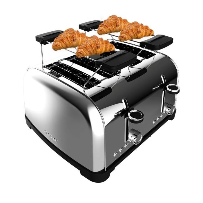 Cecotec Toastin' Time 1700 Double Tostadora de 4 Ranuras Anchas - 1700W - Calienta Panecillos - Autocentrado - Bandeja Recogemigas Extraible - Acero Inoxidable