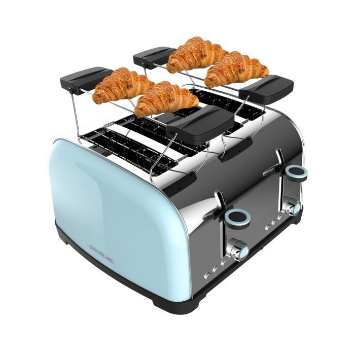 Cecotec Toastin' Time 1700 Double Tostadora de 4 Ranuras - 1700W - Ranura Ancha - Acero Inoxidable - Calienta Panecillos - Funciones Recalentar y Descongelar - 7 Niveles de Tostado - Color Azul Claro