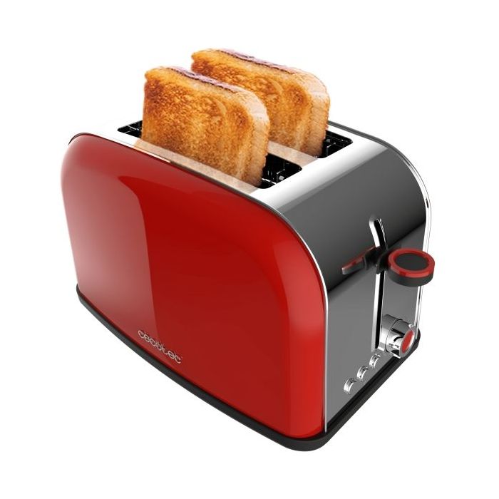 Cecotec Toastin' Time 850 Tostadora de Doble Ranura - Potencia de 850W - Ranura Ancha hasta 3.8cm - Acero Inoxidable - Apagado Automatico - Sistema de Autocentrado - 7 Niveles de Tostado - Color Rojo