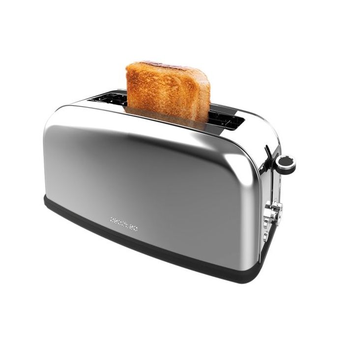 Cecotec Toastin' Time 850 Tostadora de Ranura Larga - 850W - Ranura Ancha hasta 3.8cm - 7 Niveles de Tostado - Sistema de Autocentrado - Bandeja Recogemigas Extraible - Acero Inoxidable