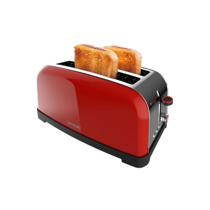Cecotec Toastin' Time 1500 Tostadora de Doble Ranura Larga - 1500W - Ranura Ancha hasta 3.8cm - Acero Inoxidable - Apagado Automatico - Sistema de Autocentrado - 7 Niveles de Tostado - Color Rojo