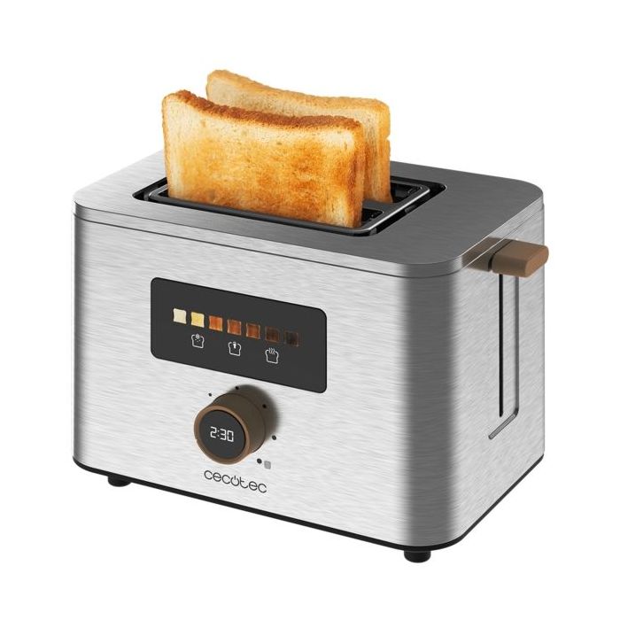 Cecotec TouchandToast Double Tostadora de Doble Ranura Ancha - 950W - Control Tactil y Pantalla a Color - Autocentrado - 7 Niveles de Tostado - Apagado y Pop-Up Automatico - Acero Inoxidable
