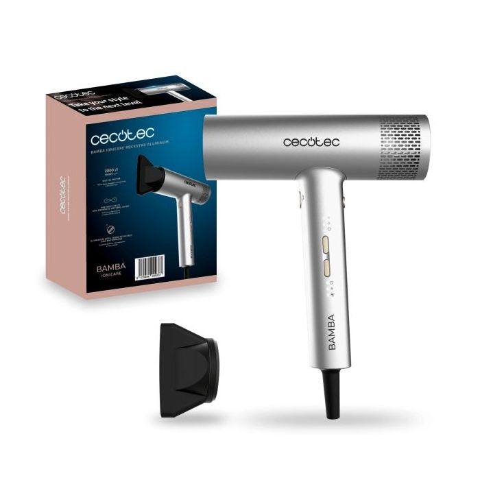 Cecotec Bamba IoniCare RockStar Aluminum Secador de Pelo - 2000W - Iones Negativos - Resistente e Impermeable - Boquilla de Precision - Control de Velocidad y Temperatura - Color Aluminio