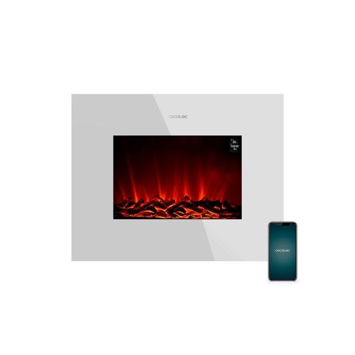 Cecotec ReadyWarm 2690 Chimenea Electrica de 26" - 2000W - Control Wi-Fi y App - Mando a Distancia - Cristal Templado Plano - Llamas LED - Temporizador Semanal - Calienta hasta 25m2 - Color Blanco