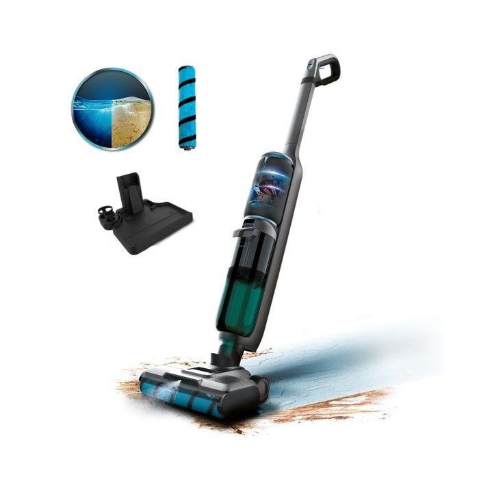 Cecotec FreeGo Wash and Vacuum Spray Fregona Electrica - 250W - Funcion Aspirador - Autonomia 35min - Pantalla Digital - Sistema Autolimpieza - Depositos Separados - Color Negro y Azul