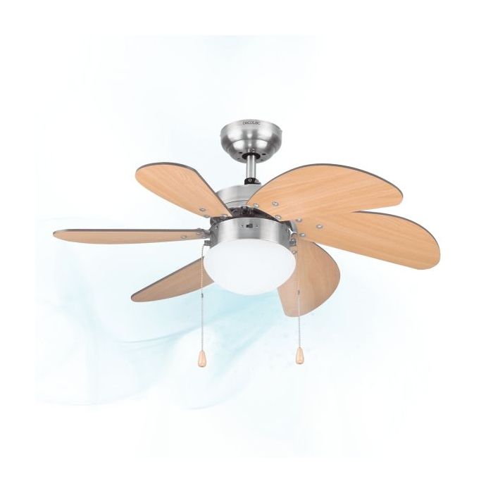 Cecotec EnergySilence Aero 350 Ventilador de Techo con 6 Aspas Reversibles y Luz - 50W - Funcionamiento Silencioso - Modo Invierno/Verano - 3 Velocidades - Aspas de Madera Clara - Acero Inoxidable