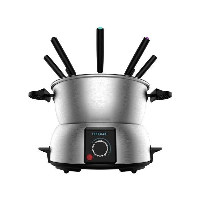 Cecotec Fun GourmetFondue Fondue Electrica - Potencia de 1000W - Acero Inoxidable - Termostato Regulable - Tapa Antisalpicaduras - Incluye 8 Tenedores - Apta para Lavavajillas