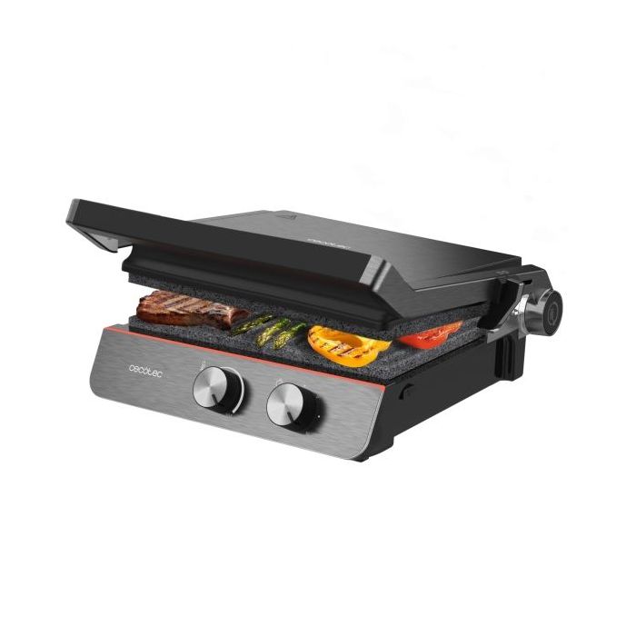 Cecotec Rock'nGrill Blaze Neon Parrilla Electrica - 2200W - Antiadherente - Apertura 180º - Luz Indicadora de Temperatura - Placas Desmontables - Temperatura Regulable - 29x23cm - Color Negro